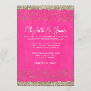 Hot Pink Rustic Lace Wedding Invitations