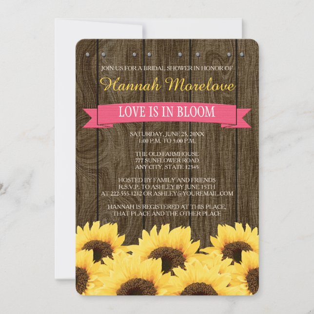 HOT PINK RUSTIC SUNFLOWER BRIDAL SHOWER INVITE (Front)