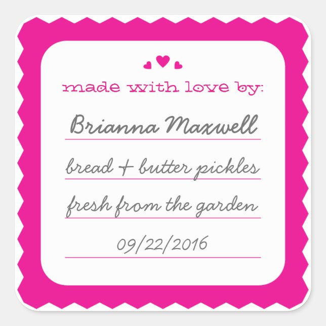 Hot Pink Scallop Hearts Food Label Square Sticker (Front)