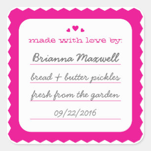 Hot Pink Scallop Hearts Food Label Square Sticker