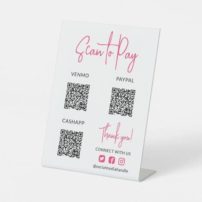 Hot Pink Scan to Pay QR Codes Social Media Icons Pedestal Sign (Front)
