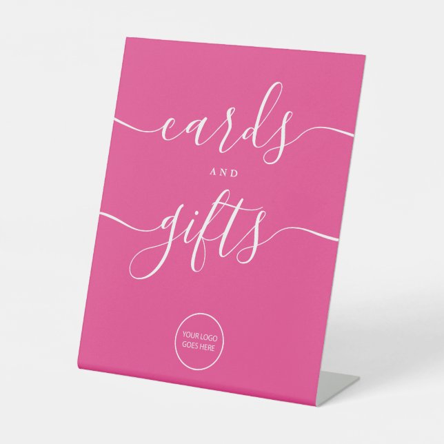 Hot Pink Script Cards And Gifts Wedding Logo Pedestal Sign (Front)