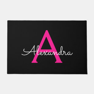 Hot Pink Script Girly Monogram Name Doormat