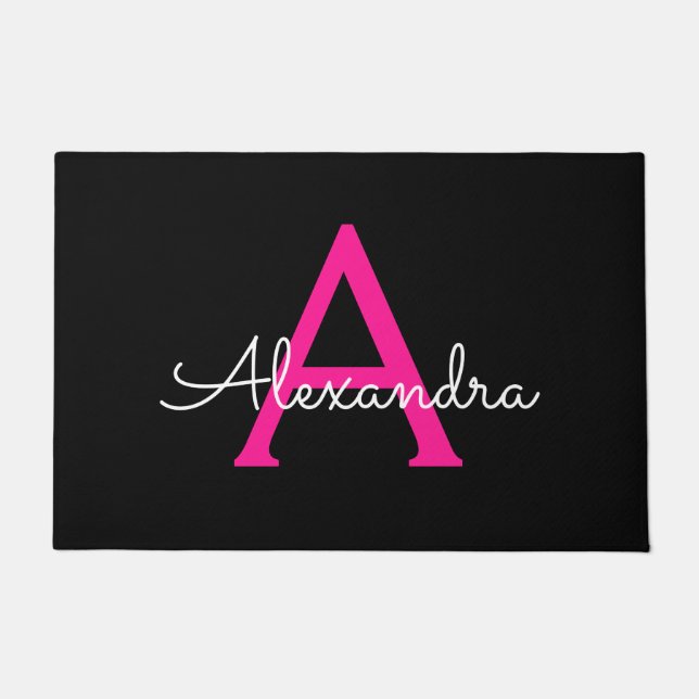 Hot Pink Script Girly Monogram Name Doormat (Front)