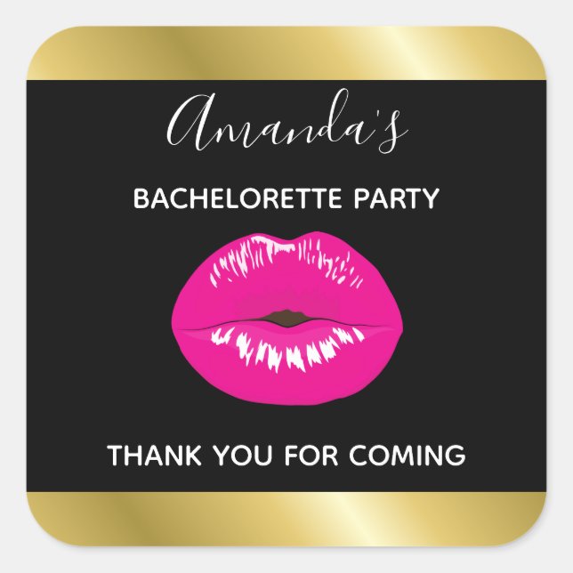 Hot Pink Shiny Lips on Black Bachelorette Square Sticker (Front)