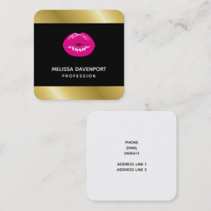 Hot Pink Shiny Lips on Black Square Business Card