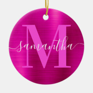 Hot Pink Signature Monogram Foil Photo Ceramic Ornament