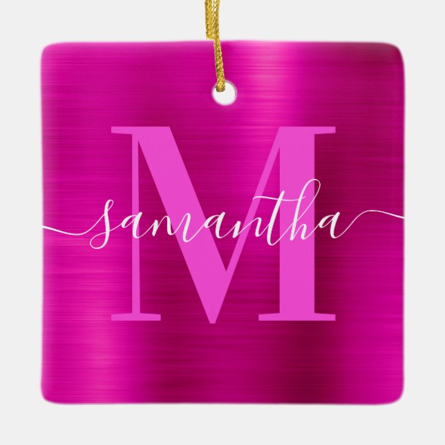 Hot Pink Signature Monogram Foil Photo Ceramic Ornament (Front)
