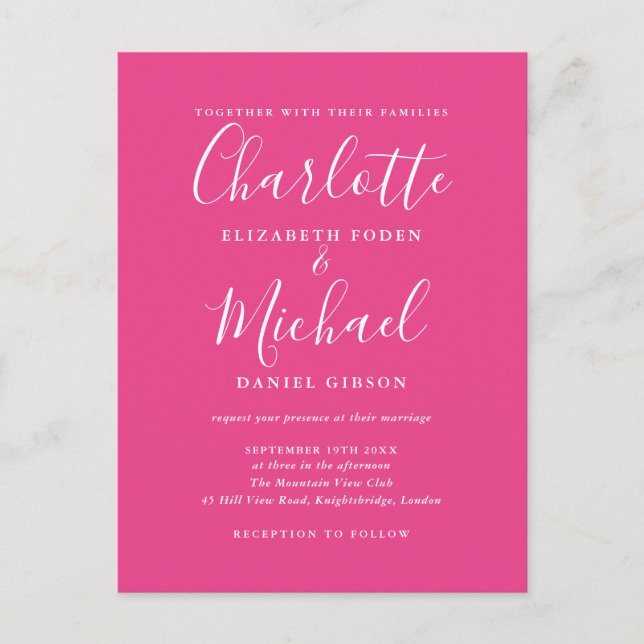 Hot Pink Signature Script Wedding Invitation Postcard (Front)