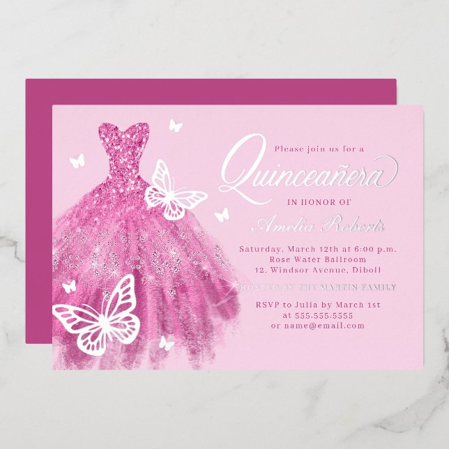 Hot Pink Silver Butterfly Dress Quinceanera  (Front/Back)