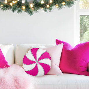 Hot Pink & Silver Candy Cane Stripe & Peppermint  Round Cushion