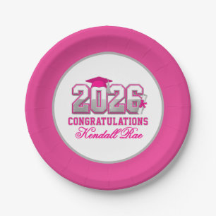 Hot Pink & Silver Class of 2026 Graduation Paper Plate