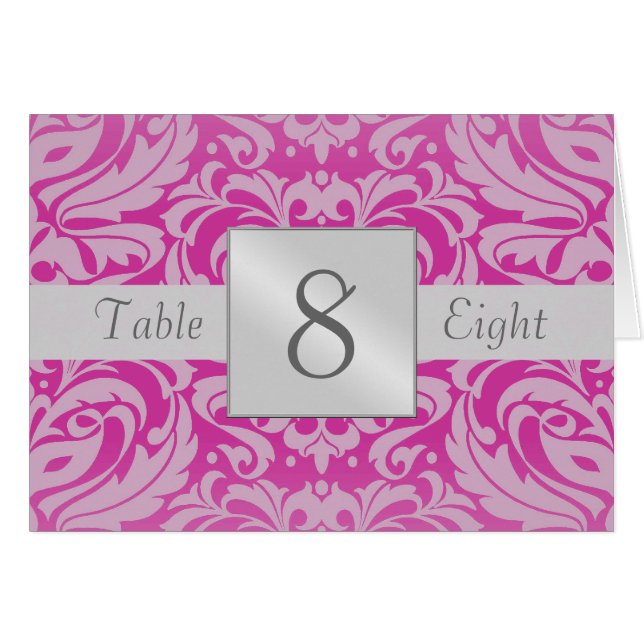 Hot Pink Silver Damask Table Number Folded Card (Front Horizontal)