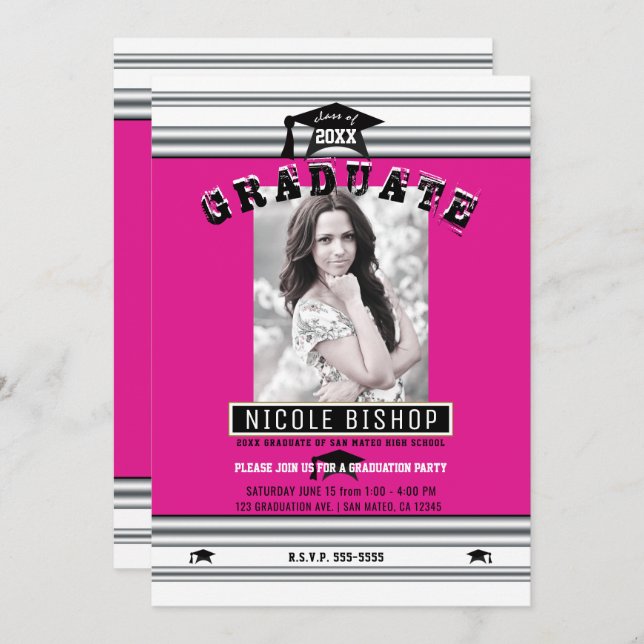 Hot Pink Silver Elegant Photo Graduation Party Invitation (Front/Back)