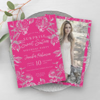 Hot Pink & Silver Floral Photo SURPRISE Sweet 16