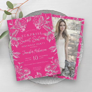 Hot Pink & Silver Floral Photo SURPRISE Sweet 16   Invitation