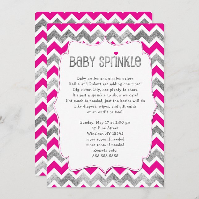Hot Pink Silver Girl Baby Sprinkle invitations (Front/Back)