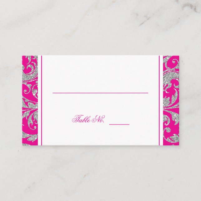 Hot Pink Silver Glitter Swirl Damask Place Card (Front)