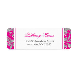 Hot Pink Silver Glitter Swirl Damask Return Address Label