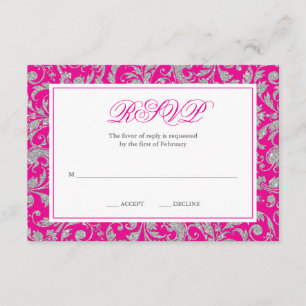 Hot Pink Silver Glitter Swirl Damask RSVP Card