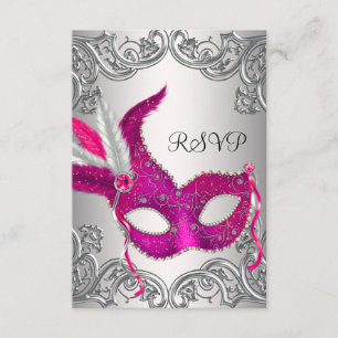 Hot Pink Silver Mask Masquerade Party RSVP Card