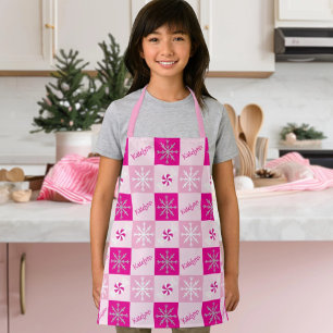 Hot Pink & Silver Peppermints Snowflakes Add Name Apron