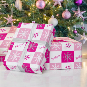 Hot Pink & Silver Peppermints & Snowflakes Name Wrapping Paper