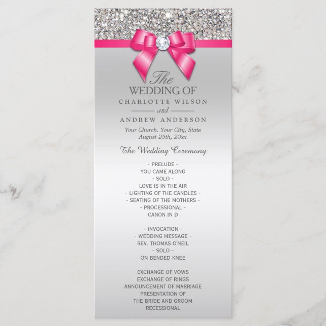 Hot Pink Silver Sequin Diamond Bow Wedding Program (Front)