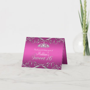 Hot Pink & Silver Tiara Sweet 16 Thank You Card