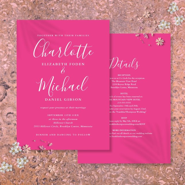 Hot Pink Simple All In One Chic Script Wedding Invitation (Hot Pink Simple All In One Chic Script Wedding Invitation)