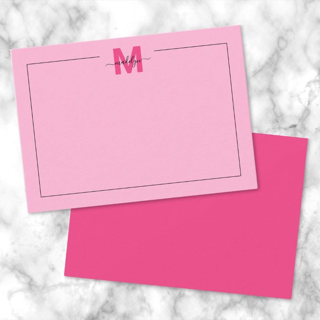 Hot Pink Simple Script Name Monogram Card (Girly Hot Pink Script Name Monogram Note Card )