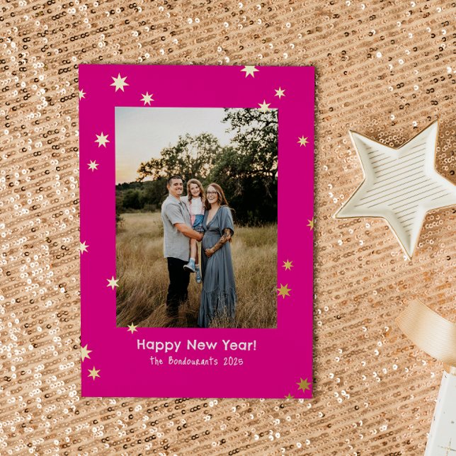 Hot Pink Simple Stars One Photo Happy New Year Foil Holiday Card (Hot pink and gold foil stars new year photo card for friends and family)