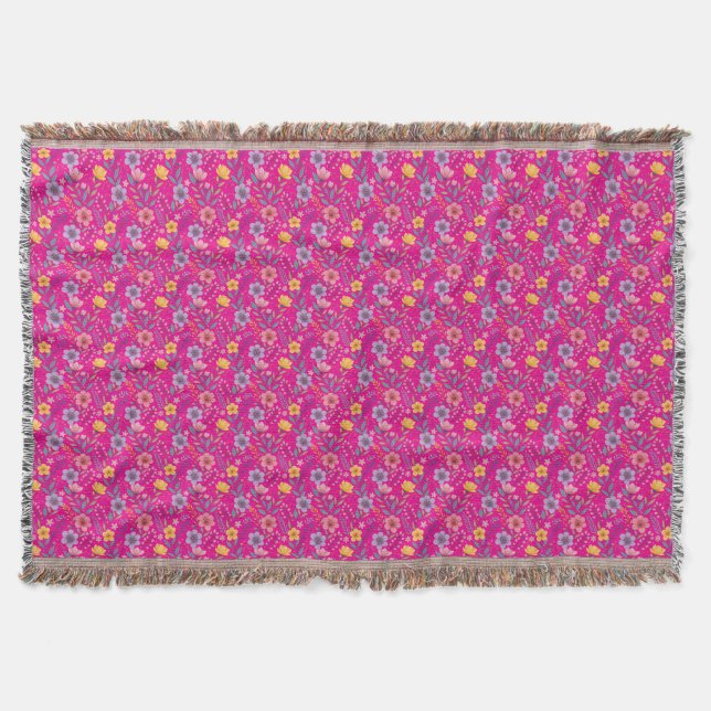 Hot pink simple wildflower pattern monogram throw blanket (Front)