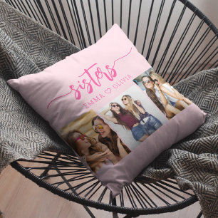 Hot Pink Sisters 3 Photo Collage Keepsake Gift Cushion
