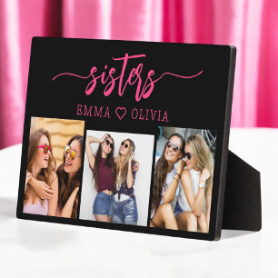 Hot Pink Sisters 3 Photo Collage Keepsake Gift Plaque