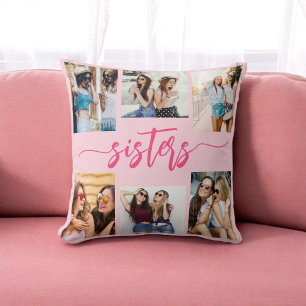 Hot Pink Sisters 6 Photo Collage Keepsake Gift Cushion
