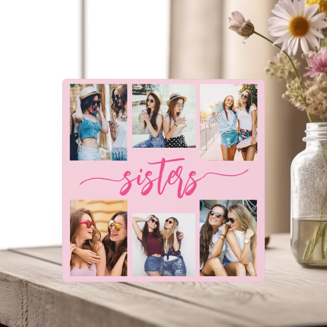 Hot Pink Sisters 6 Photo Collage Keepsake Gift Plaque (Creator Uploaded)