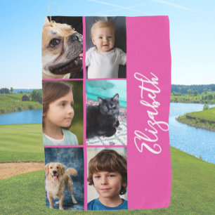 Hot Pink Six Photo Template Women's Golf Towel