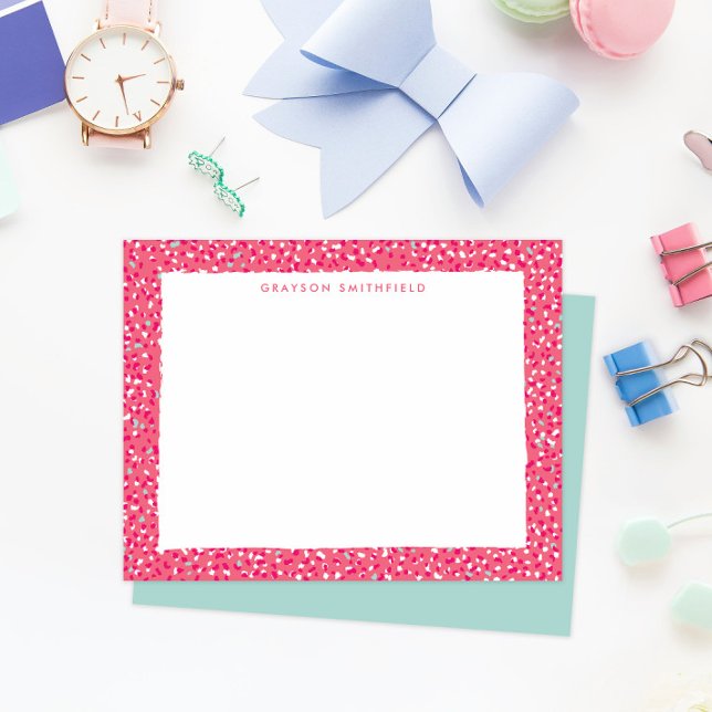 Hot Pink Snow Leopard Print Personal Stationery Invitation (fun colorful hot pink and aqua blue leopard print border frame personal stationery note cards)