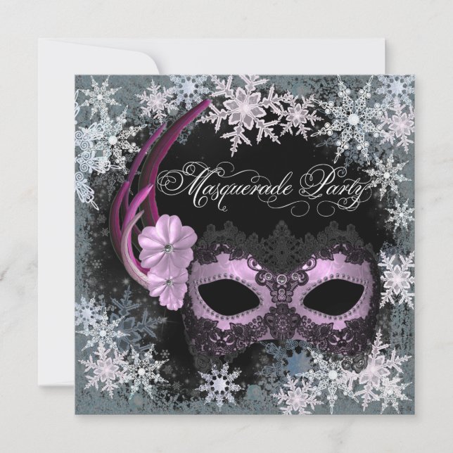 Hot Pink Snowflake Masquerade Party Invitations (Front)