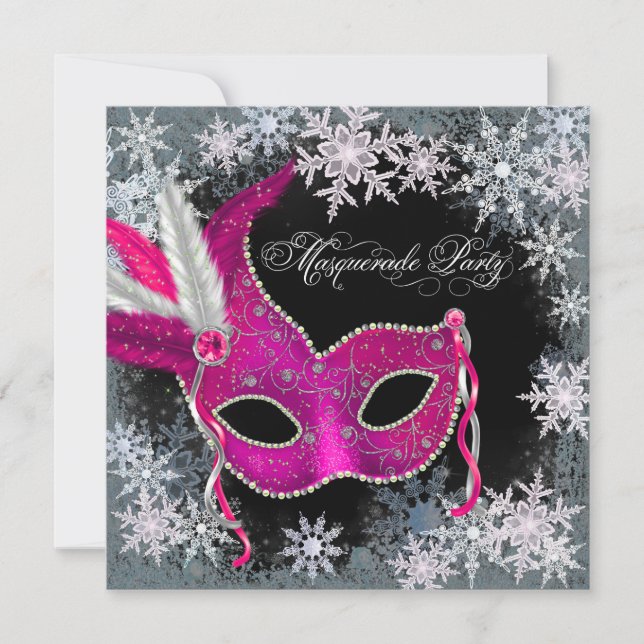 Hot Pink Snowflake Masquerade Party Invitations (Front)