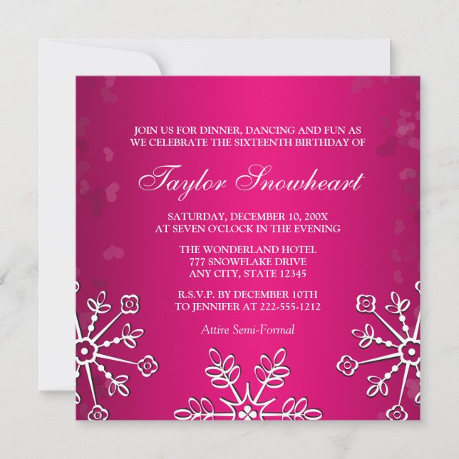 HOT PINK SNOWFLAKE SWEET SIXTEEN BIRTHDAY INVITATION (Front)