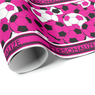 Hot Pink Soccer Ball Collage Wrapping Paper