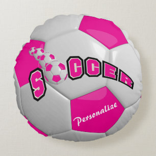 Hot Pink Soccer Ball   Personalise Round Cushion