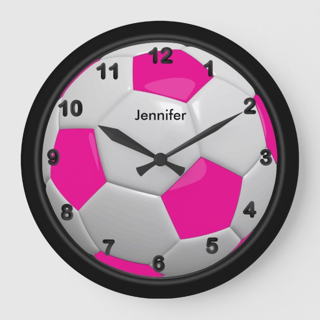 Hot Pink Soccer Ball Style Large Clock (Front)