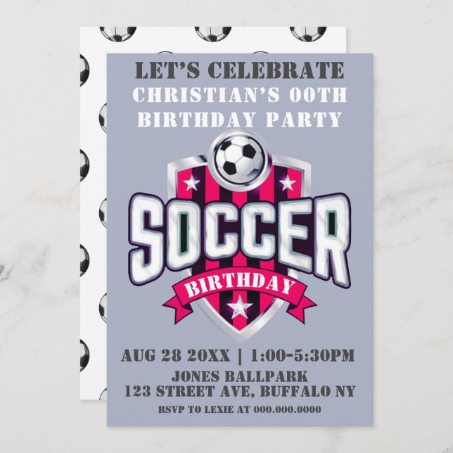 Hot Pink Soccer Theme Birthday Party Invitations  (Front/Back)