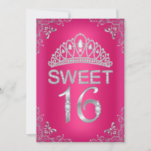 Hot Pink Sparkle Diamond Tiara Sweet 16 Invitation