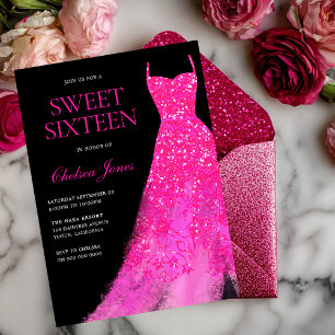 Hot Pink Sparkle Dress Girls Sweet 16 Party Invitation