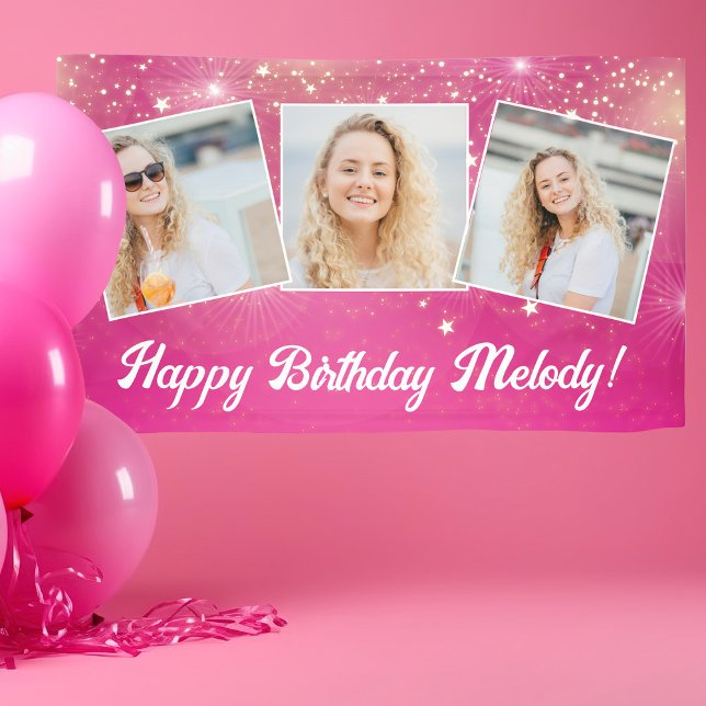 Hot Pink Sparkle Girls Photo Birthday Party Banner (Creator Uploaded)
