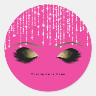 Hot Pink Sparkle Glam Gold Makeup Eyelashes Classic Round Sticker